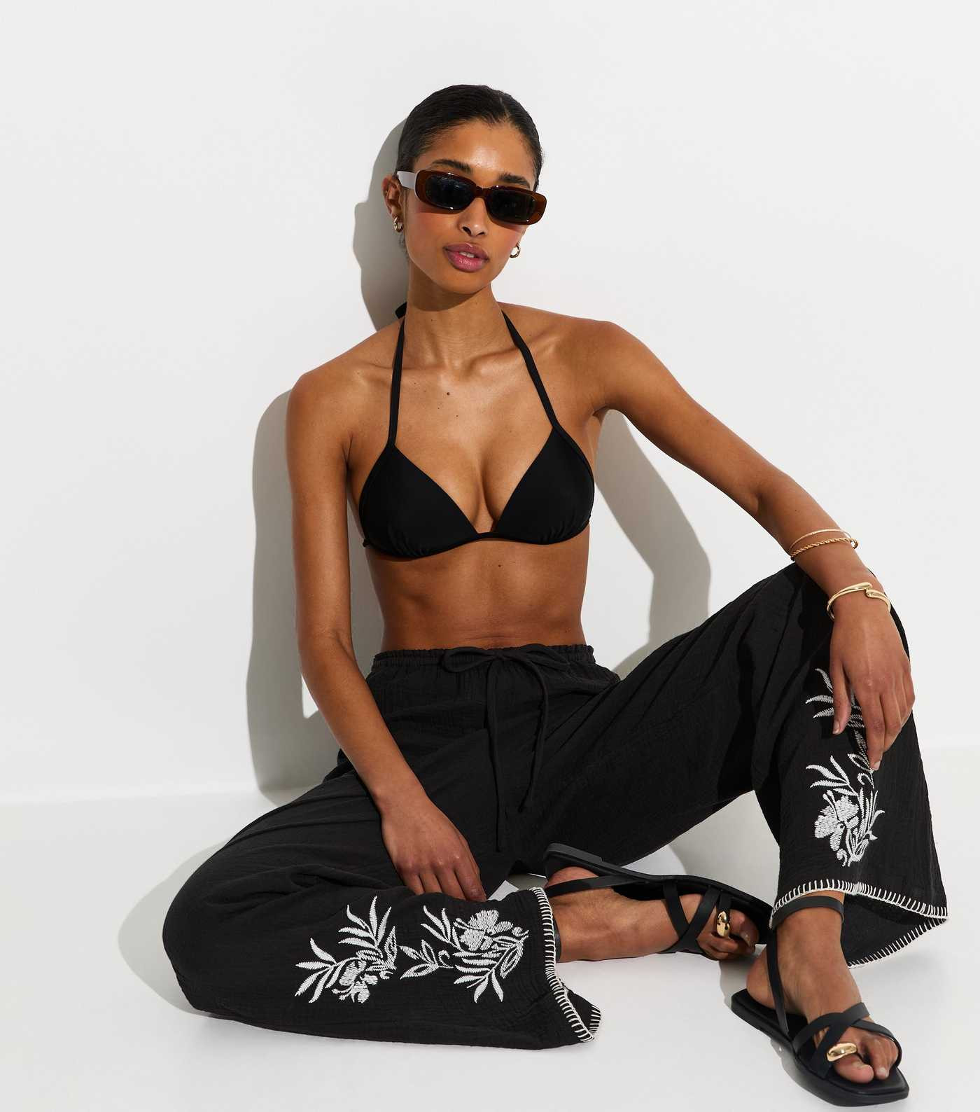 Black Palm Embroidered Trousers | New Look | New Look (UK)