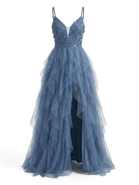 1930s Appliques Tulle Glitter Slit Tiered Prom Dress | Retro Stage