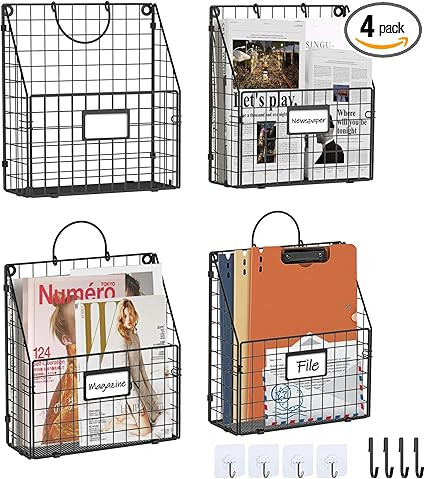 Yuzehuaza Hanging Wall File Holder Organizer Metal Wall Mount File Folders Holder Magazine Rack w... | Amazon (US)
