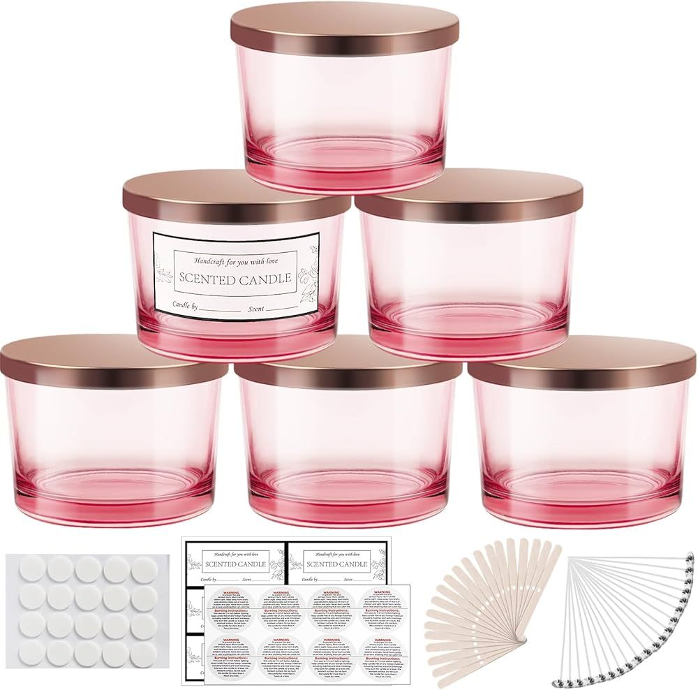CONNOO 6 Pack 16 oz Candle Jars - 3 Wicks Pink Empty Glass Candle Jars Come with Metal Lids Stick... | Amazon (US)