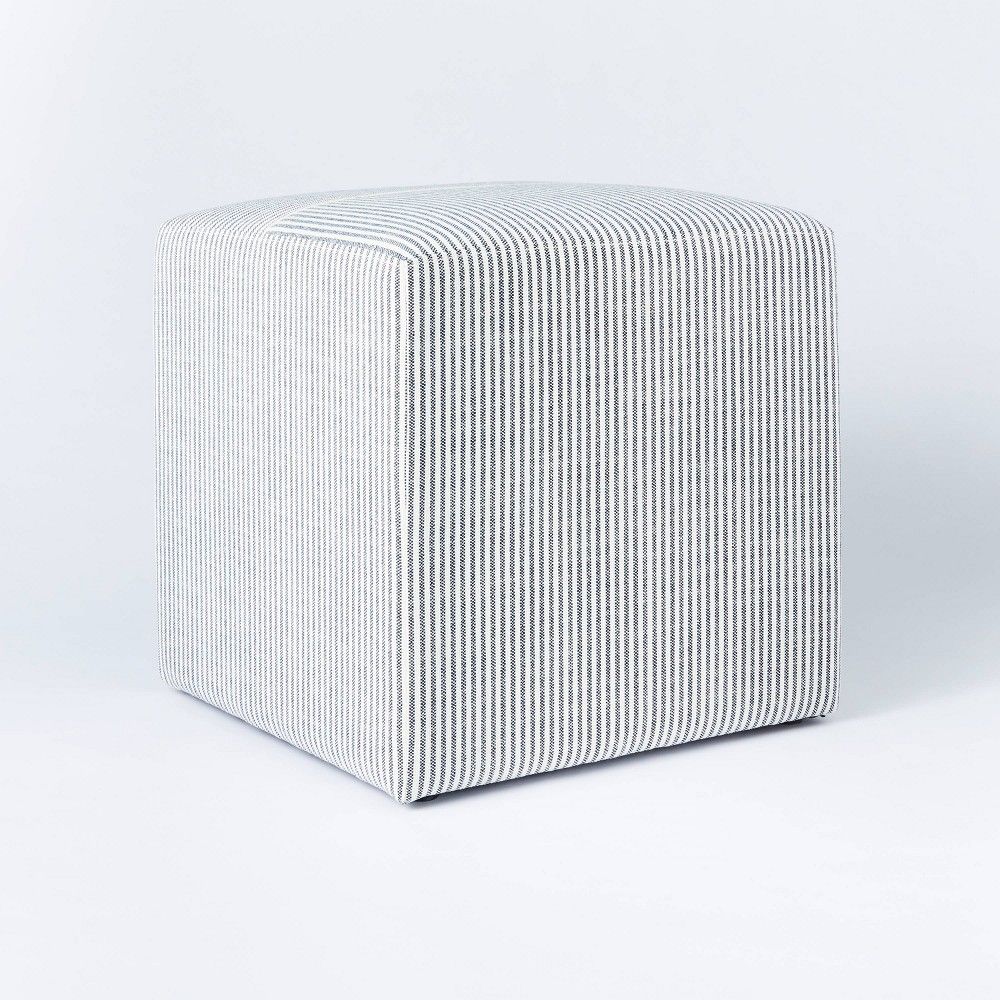 Lynwood Square Upholstered Cube Ticking Stripe Navy - Threshold™ designed with Studio McGee | Target