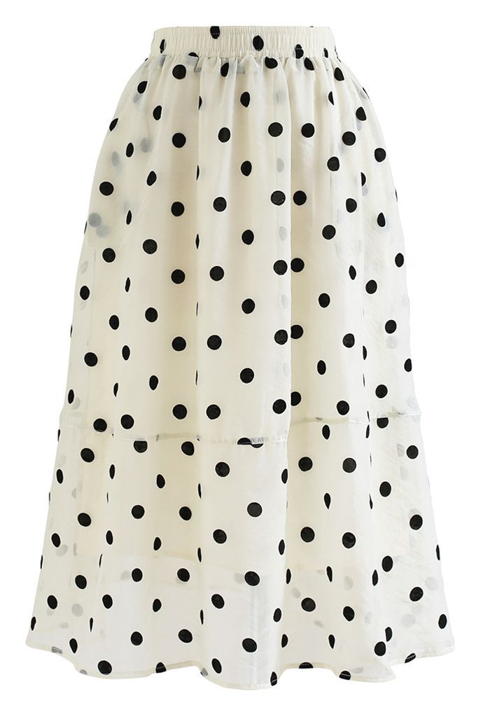 Black Polka Dot Sheer Midi Skirt in Cream | Chicwish