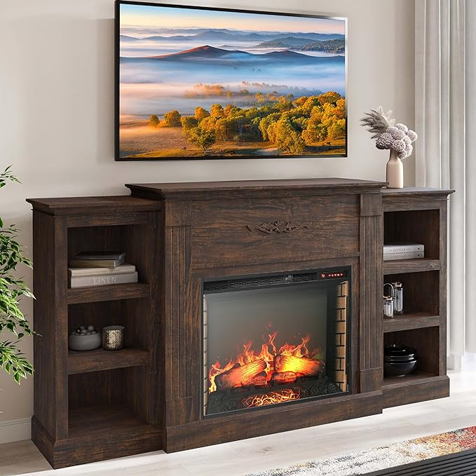 BELLEZE Modern 70" Electric Fireplace Heater Mantel TV Stand & Media Entertainment Center for TVs... | Amazon (US)