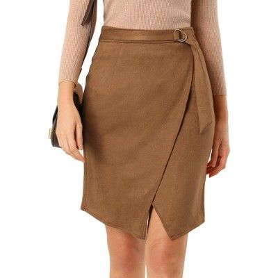 Allegra K Women's A-Line Knee Length Front Slit Wrap Faux Suede Skirt | Target