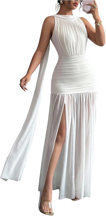 GORGLITTER Women's Mesh Sheer Halter Maxi Dress Birthday Wedding Guest Dress Ruched Backless Slit... | Amazon (US)
