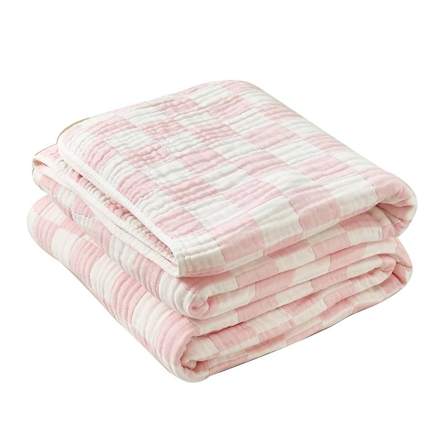 SANACYNA 100% Cotton Muslin Throw Blanket 6-Layer Gauze Pink Checkered Bed Blanket Lightweight So... | Amazon (US)