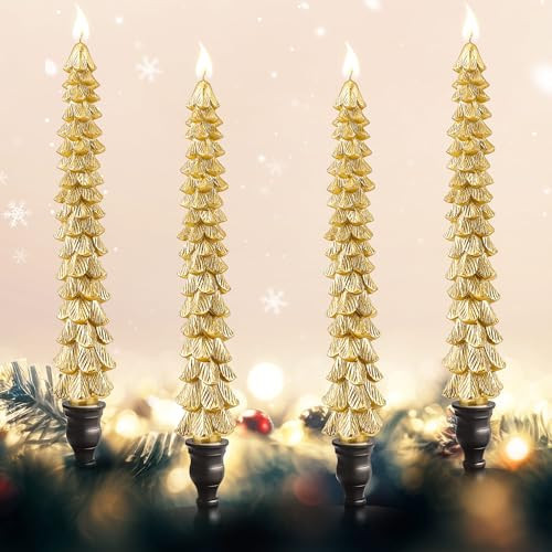 Ceoighe 4 Pcs 10 Inch Christmas Tree Candles, Natural Beeswax Christmas Tree Shaped Candles for Xmas Decor, Unscented Christmas Tree Taper Candles for Holiday Decoration, Party, Banquet(Gold) | Amazon (US)