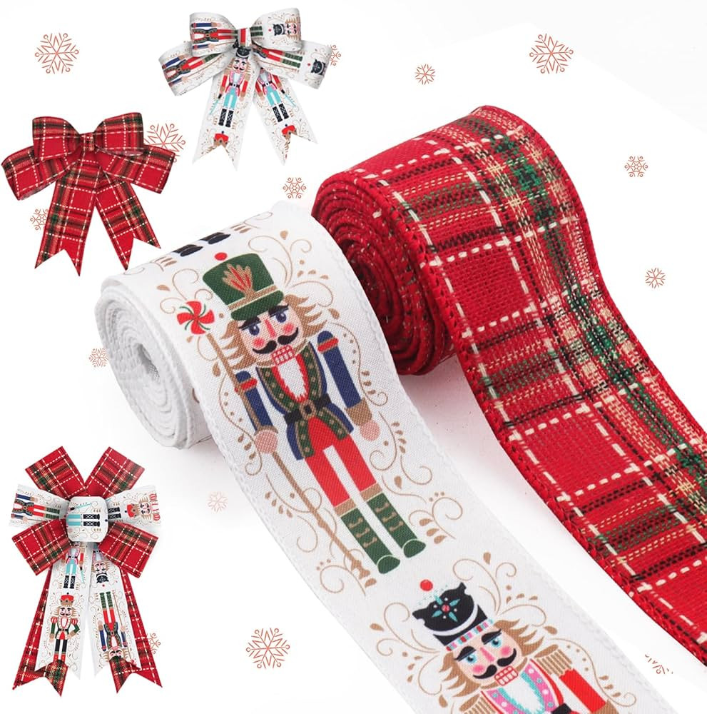 ALIBBON 2 Rolls 2.5" × 5 Yd Merry Christmas Ribbon Nutcracker Wired Ribbons Red Buffalo Plaid Ri... | Amazon (US)