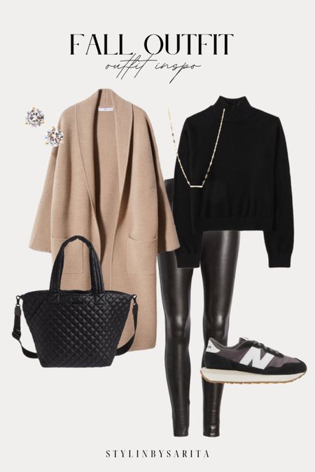 Fall outfits, camel cardigan, black sweater, faux leather leggings, new balance sneakers, black tote bag, fall style, fall fashion 

#LTKunder50 #LTKworkwear #LTKstyletip