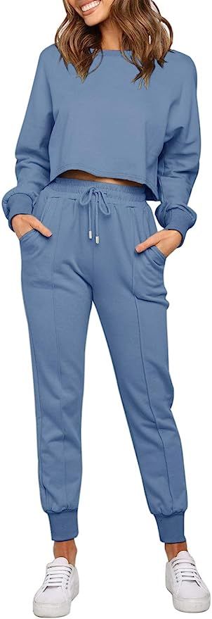 ZESICA Women's Long Sleeve Crop Top and Pants Pajama Sets 2 Piece Jogger Long Sleepwear Loungewea... | Amazon (US)