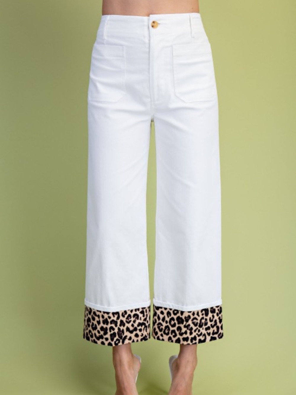 OFF WHITE CROPPED DENIM LIKE PANT WITH LEOPARD PRINT CUFFS SIZE SMALL - NWT | Poshmark