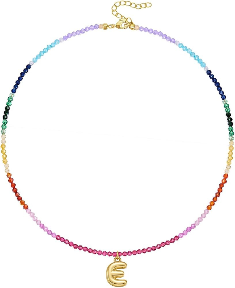 KissYan Beaded Initial Necklace for Women, 14K Gold Plated Bubble Letter Pendant Rainbow Gemstone... | Amazon (US)