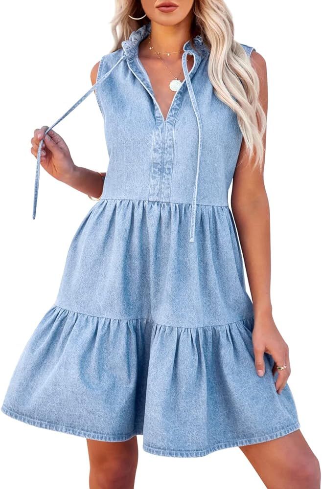 SySea Womens Denim Dresses Summer Sleeveless Ruffle V Neck Collar Flowy A-Line Tiered Casual Jean... | Amazon (US)