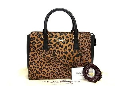 Salvatore Ferragamo Double Gancini 2Way Shoulder Handbag Leopard Brown Leather | eBay US