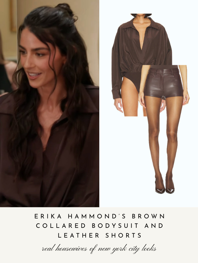 Erika Hammond's Brown Collared Bodysuit and Leather Shorts 

 