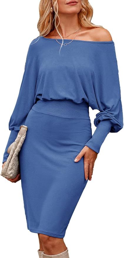 PRETTYGARDEN Women's 2023 Fall Knit Pullover Sweater Dress Lantern Sleeve Boat Neck Bodycon Penci... | Amazon (US)