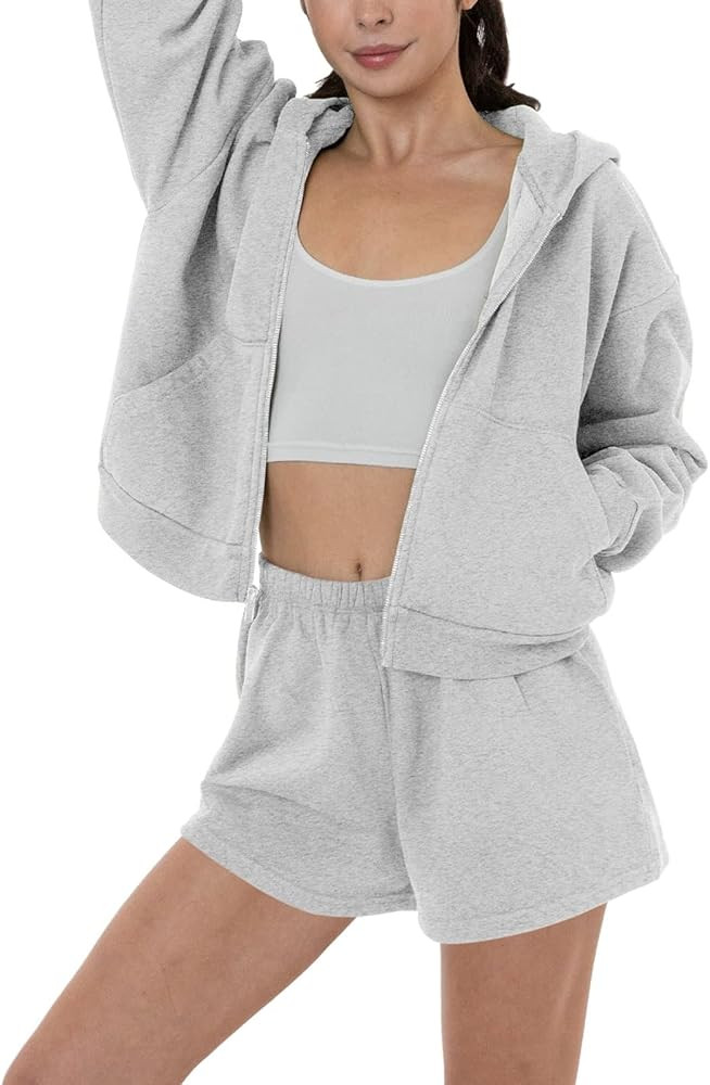 REORIA Two Piece Outfits for Women Lounge Zip Up Hoodie and Shorts Long Sleeve Tracksuit Sets Linght Grey Small | Amazon (US)