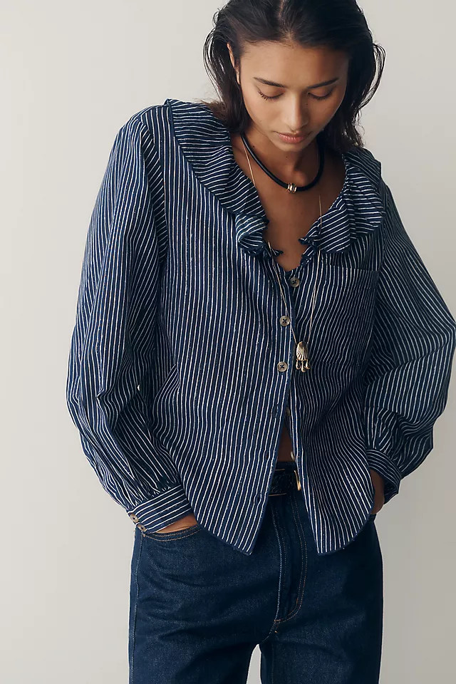 Remy Shrunken Ruffle Collar Buttondown Shirt | Anthropologie (US)