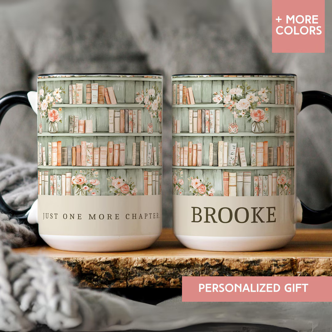 Personalized Bookshelf Mug, Floral Book Lover Coffee Cup With Name, Just One More Chapter Gift fo... | Etsy (US)
