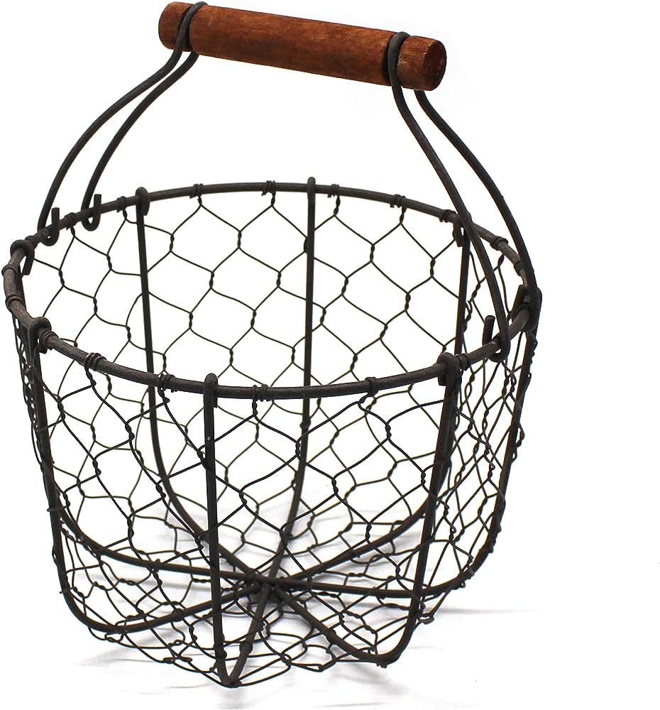 CVHOMEDECO. Round Chicken Wire Egg Basket Fruit Basket with Wooden Handle Primitives Vintage Gath... | Amazon (US)