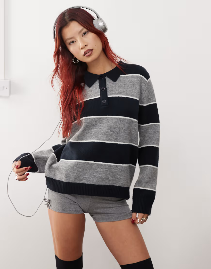 Motel yusnada striped rugby jumper in grey and navy | ASOS (Global)