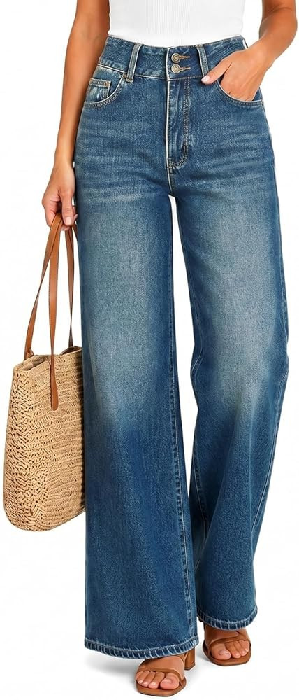 Women\u2019s High Waisted Baggy Jeans \u2013 Stretchy Wide Leg Tummy Control Straight Leg Denim P... | Amazon (US)
