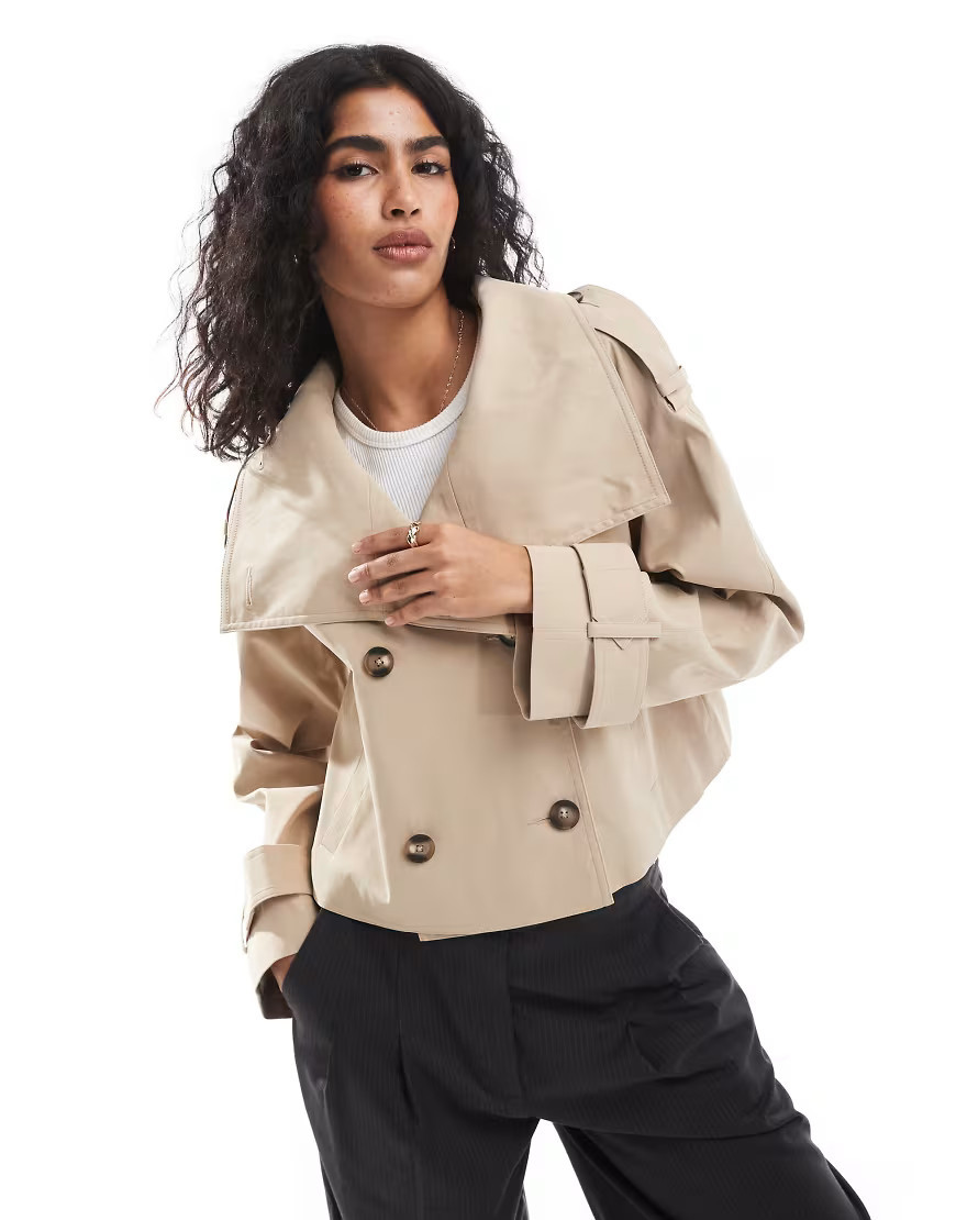ASOS DESIGN cropped funnel neck trench coat in stone-Neutral | ASOS (Global)