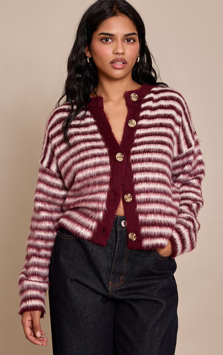 Petite Burgundy Stripe Brushed Knit Cardigan | PrettyLittleThing UK