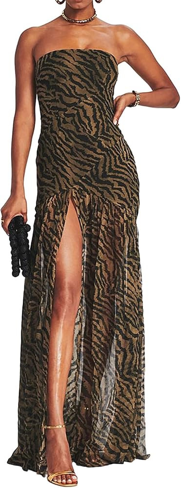 Women 's Tube Top Dress Slim Strapless Backless Mesh Leopard Print High Slit Long Dress Party Clu... | Amazon (US)