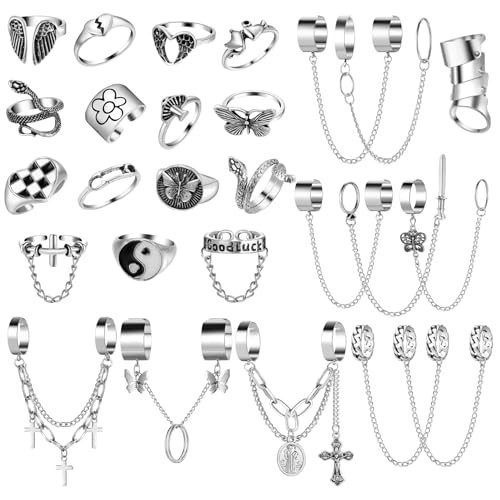 Vintage Silver Open Punk Rings for Men Women, 24PCS Adjustable Rings, Alt Rings, Chunky Silver Rings, Bulky Rings, Hippie Rings ,Cool Gothic Ring,Statement Stacking Ring, Skull Snake Star Flower Heart | Amazon (US)