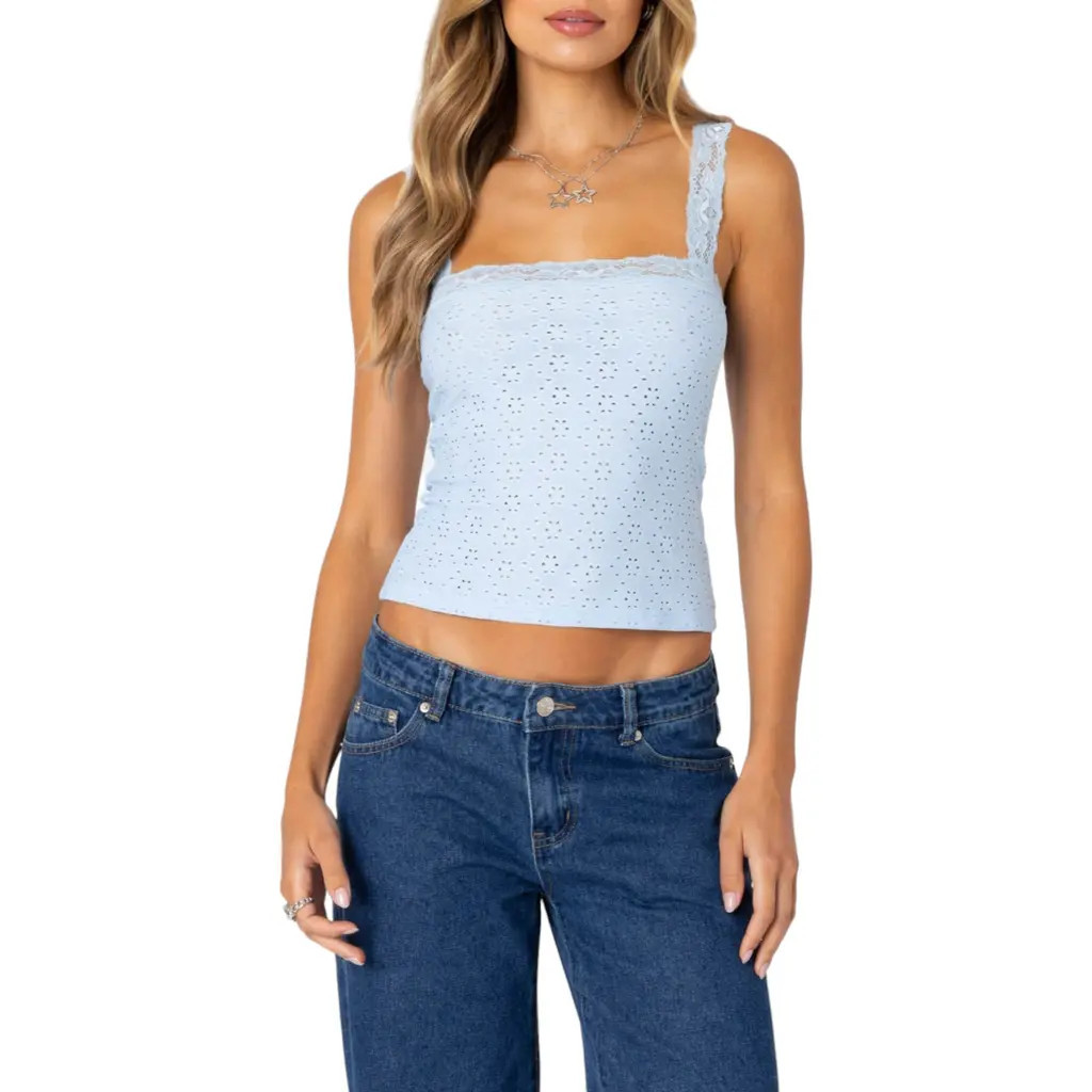 EDIKTED Virginia Lace Trim Eyelet Tank Top in Light-Blue at Nordstrom, Size X-Small | Nordstrom