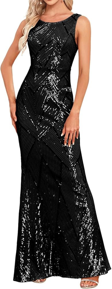 Glitter Formal Dresses Long Evening Gowns Bodycon Mermaid Sparkly Sequin Boat Neck Cocktail Party... | Amazon (US)