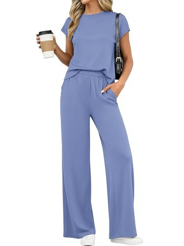 PRETTYGARDEN Womens 2 Piece Outfits Casual Cap Sleeve Lounge Set Summer Tracksuits Matching Sets Beach Fashion Travel Clothes(Light Blue,Medium) | Amazon (US)