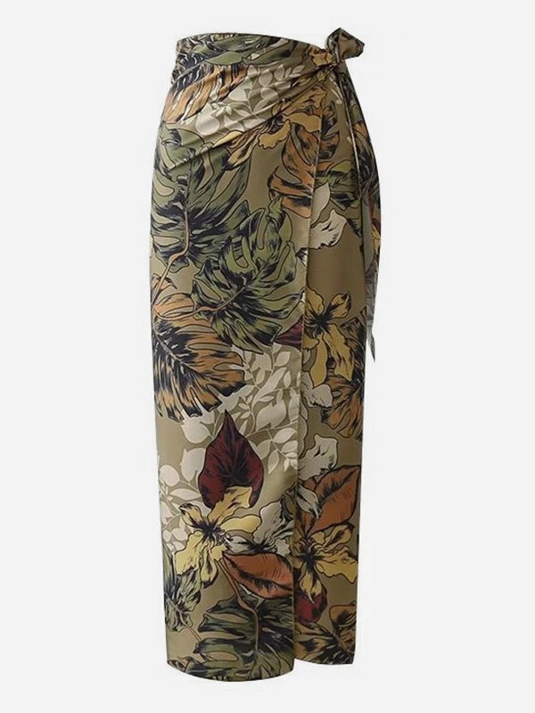 SHEIN Privé Foliage Print Overlap Skirt | SHEIN