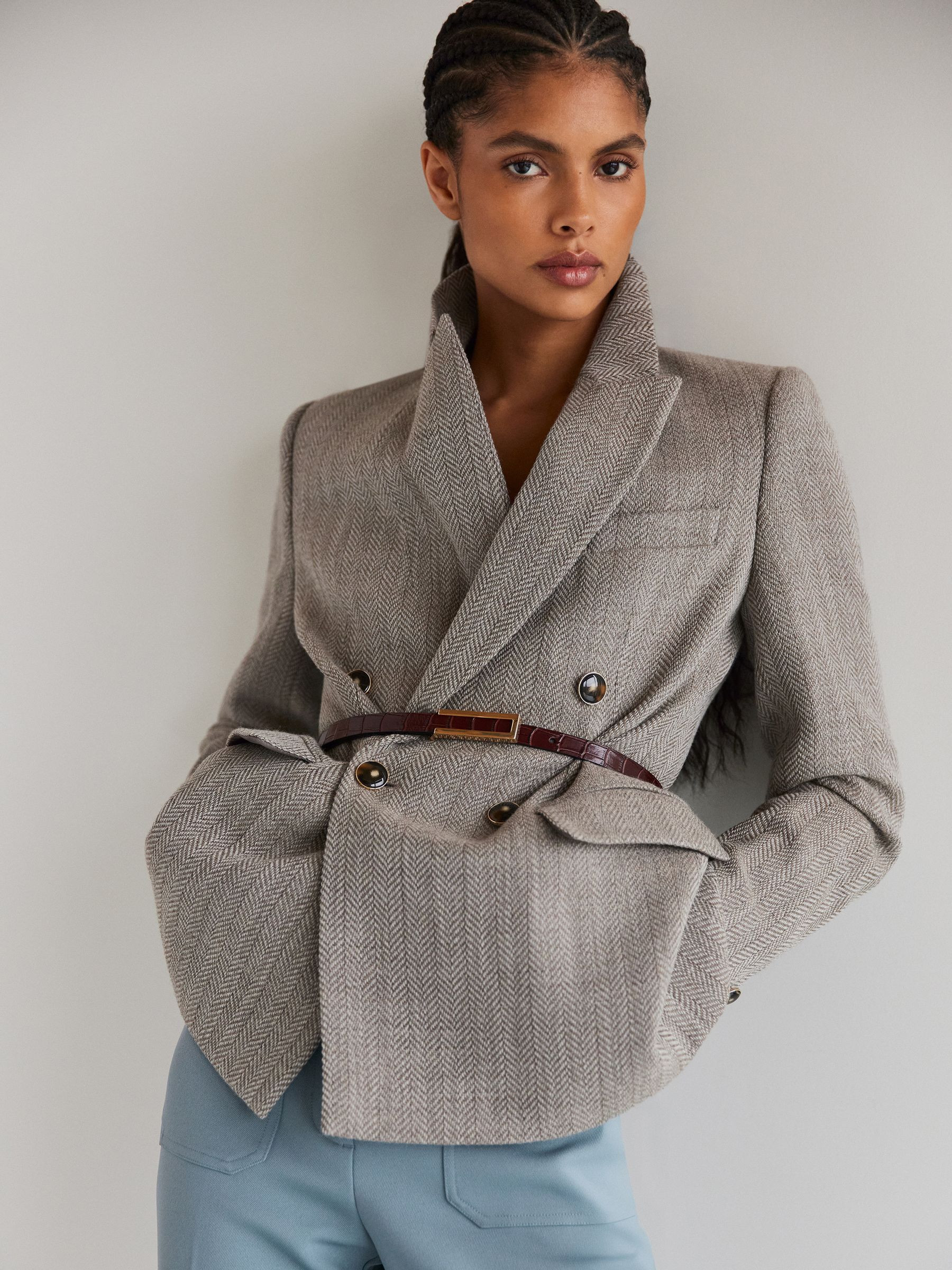 Reiss Herringbone Double-Breasted Blazer Wool-Cotton in Grey - REISS | Reiss UK