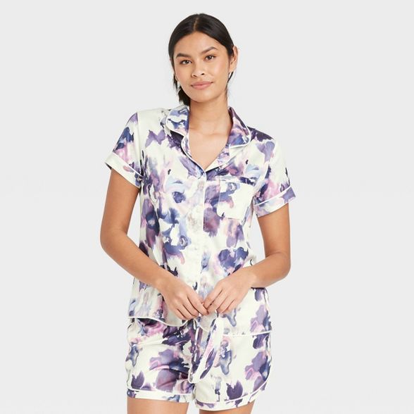 Women's 3pc Floral Print Satin Notch Collar Top Pajama Set - Stars Above™ Cream | Target