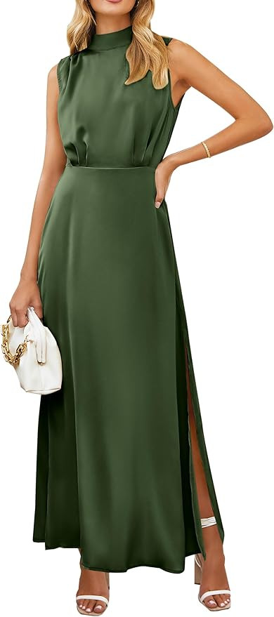 PRETTYGARDEN Women's Long Formal Satin Dress Mock Neck Sleeveless Side Slit Flowy Maxi Tank Dress... | Amazon (US)