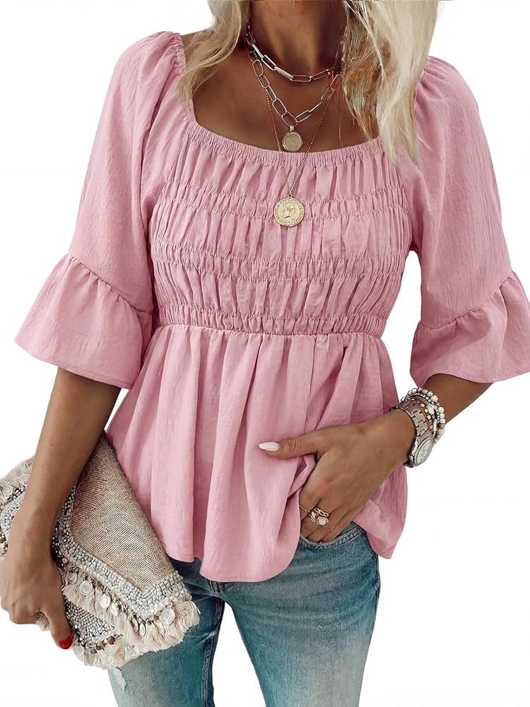HEYTALALA Womens 3/4 Sleeve Tops Dressy Casual Square Neck Summer Peplum Blouses Ruffle Sleeve Ba... | Amazon (US)