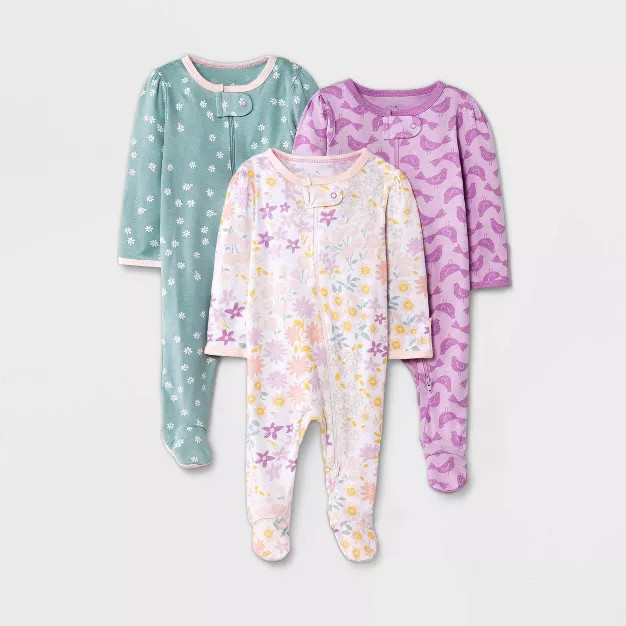 Baby Girls' 3pk 'In Bloom' Zip-Up Sleep N' Play - Cloud Island™ Rose Pink | Target