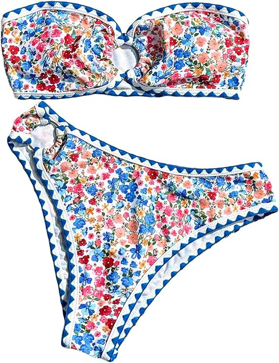 MakeMeChic Women's 2 Piece Bandeau Swimsuit Boho Ring Strapless High Cut Bikini Sets Bathing Suit | Amazon (US)