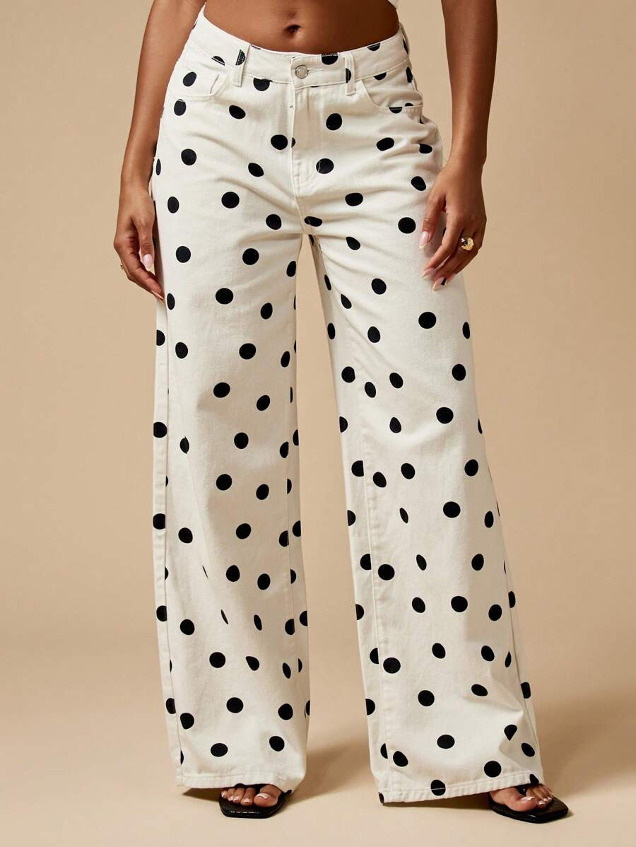 MISSGUIDED Polka Dot Wide Leg Jeans High Waisted Cotton Pants Retro Style Spring Fall Fashion Sta... | SHEIN