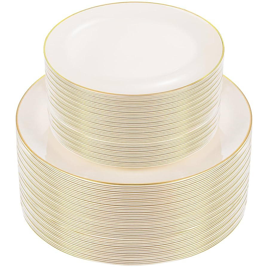 PULOTE 100PCS Ivory Plastic Plates - Cream Plastic Disposable Heavy Duty for Party - Include 50 E... | Amazon (US)