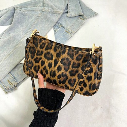 Leopard Print Handbag | Minimalist Underarm Bag | Detachable Shoulder Strap | Interior Pocket | Zip Closure | Retro Fashionable Leopard Bag For Women| | SHEIN