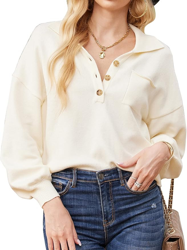 Chigant Women's Sweaters Casual Lantern Long Sleeve Button Pullover Cropped Cute Top Solid Color | Amazon (US)