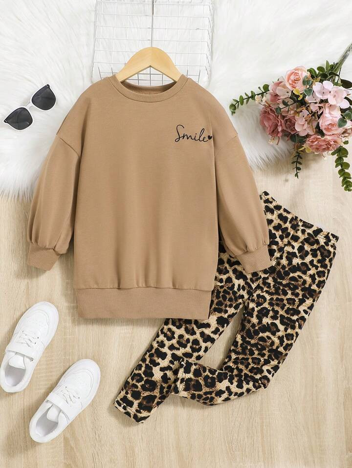 SHEIN Young Girl Letter Graphic Drop Shoulder Pullover & Leopard Leggings | SHEIN