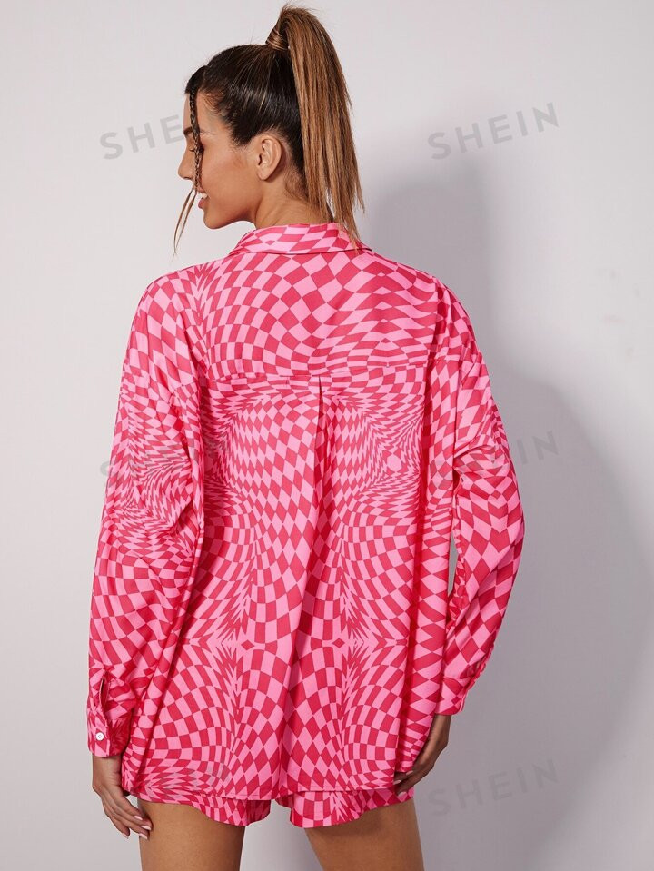 SHEIN Qutie Checker Print Drop Shoulder Blouse & Shorts Set | SHEIN