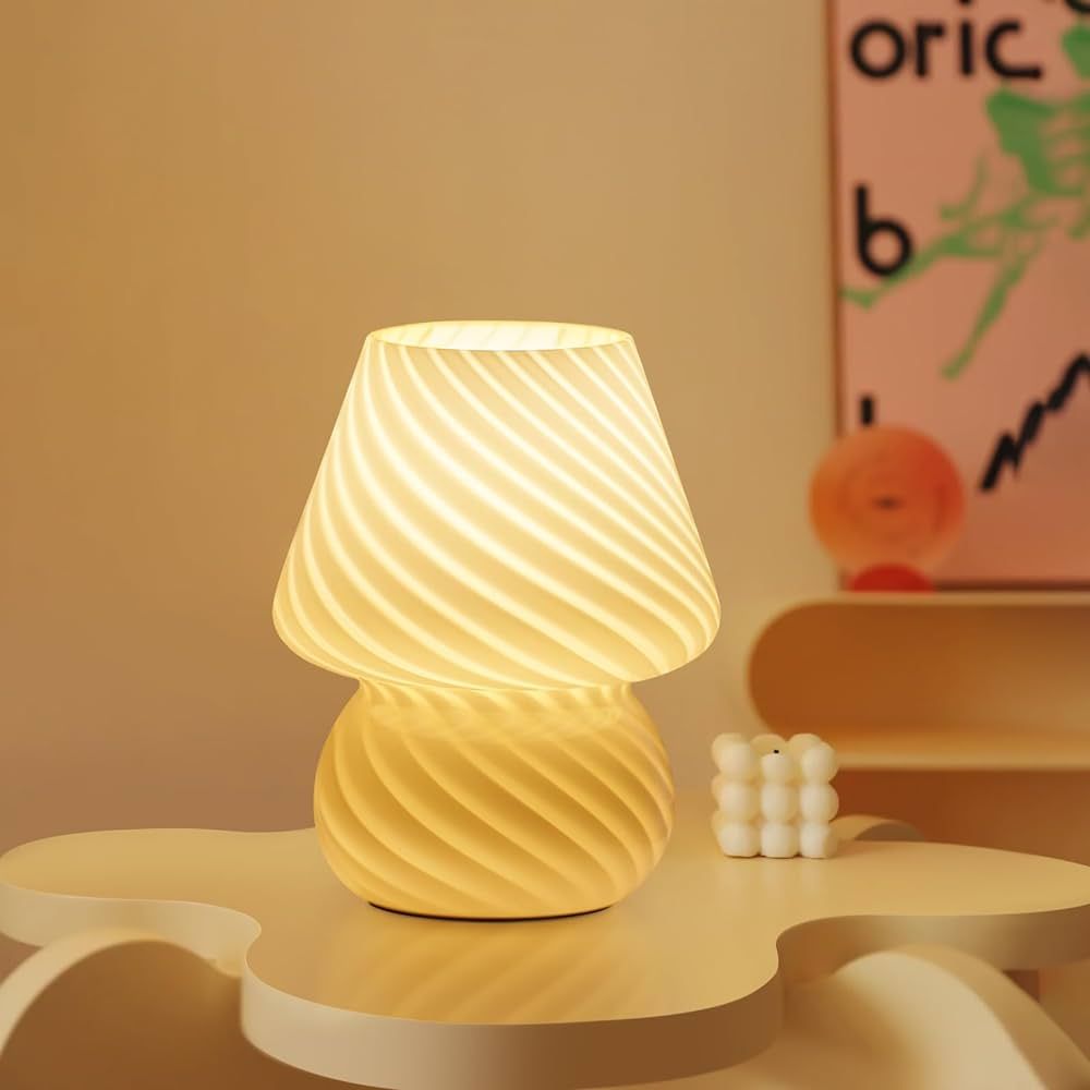 Mushroom Lamp-Small Bedside Table Lamp with Striped Glass, Nightstand Night Light for Bedroom Liv... | Amazon (US)