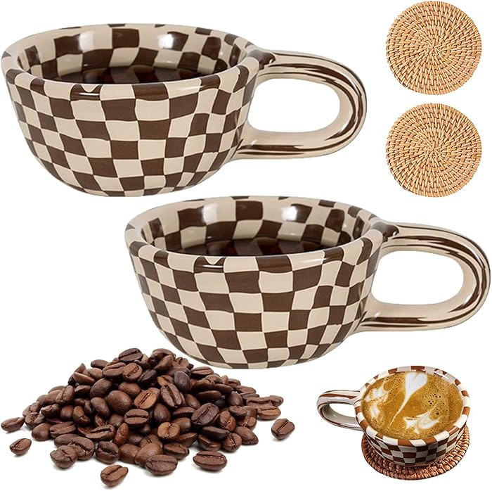 Checkerboard Coffee Mug, Brown Checkered Cup With Saucer for Office and Home, Novelty Black and W... | Amazon (US)