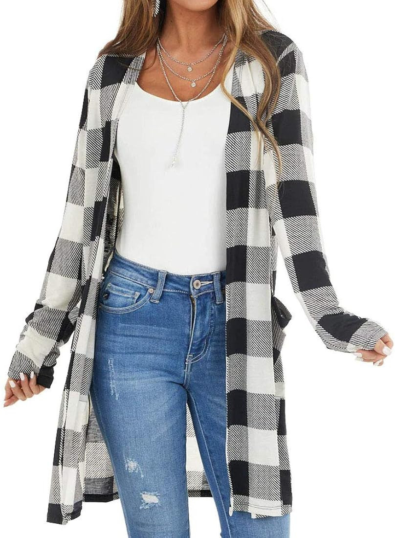 Lacozy Women's Open Front Long Cardigan Draped Snap Buffalo Plaid Shirt Kimono Cardigan Knit Swea... | Amazon (US)