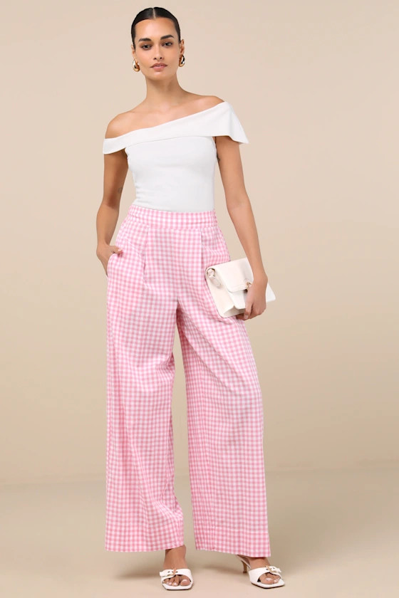 Delphine Pink and White Gingham Wide-Leg Pants | Lulus